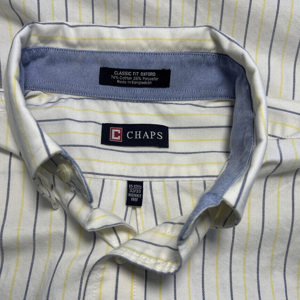 Chaps 15 15.5 32/33 Blue & Yellow Striped Wrinkle Free Long Sleeve Shirt